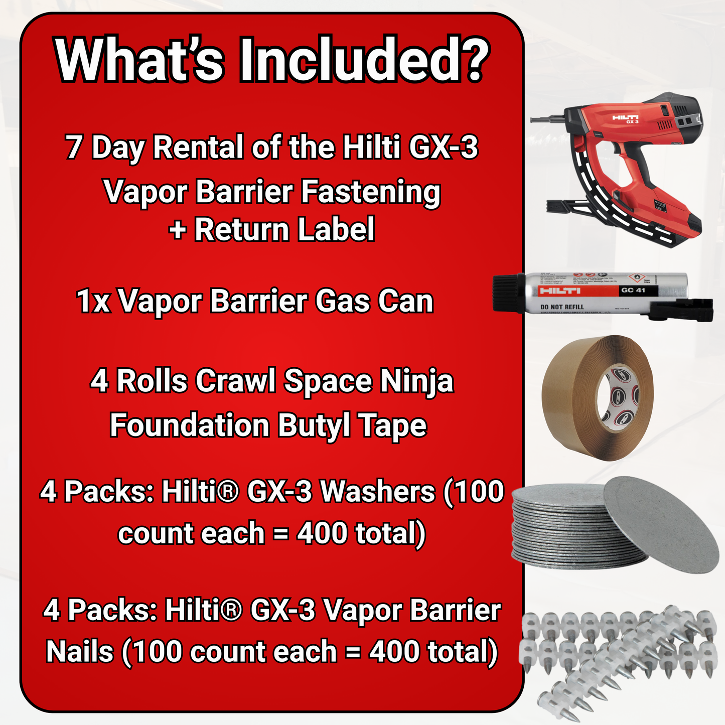 Crawl Space Vapor Barrier Fastening Bundle – (with Hilti® GX-3 Rental Gun)