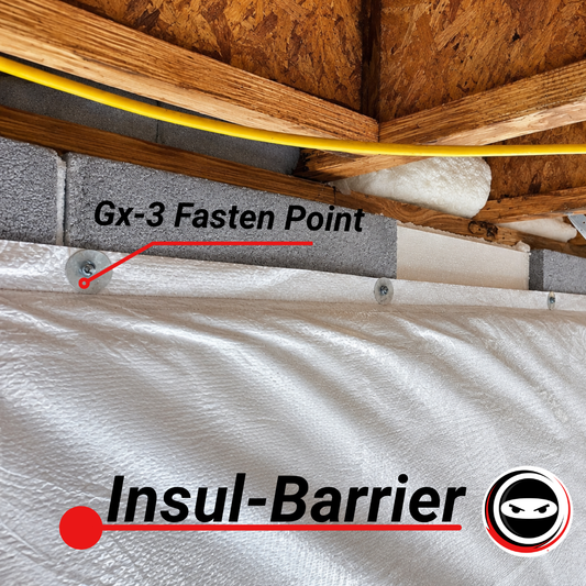 Crawl Space Ninja Insul-Barrier insulated vapor barrier installed on a crawl space foundation wall with GX-3 fastening points highlighted.