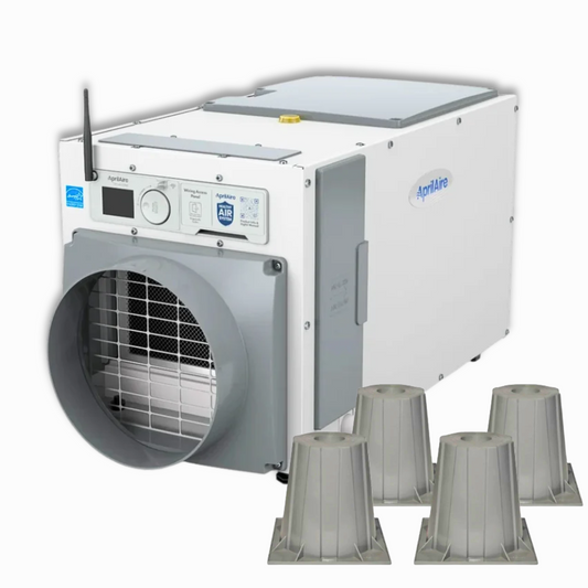 AprilAire E080W 80-pint Wi-Fi crawl space dehumidifier bundle with four AprilAire risers, featuring the Wi-Fi antenna, digital humidity controls, and front air intake on a white background. crawl space ninja supply