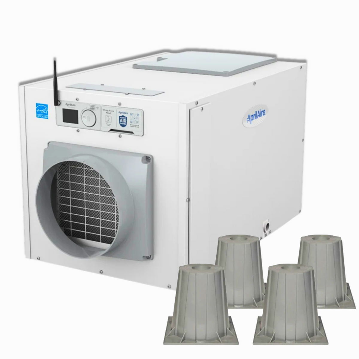AprilAire E130W 130-pint Wi-Fi crawl space dehumidifier bundle with four 6-inch AprilAire risers, featuring the Wi-Fi antenna, digital humidity controls, and front air intake grille on a white background. crawl space ninja supply