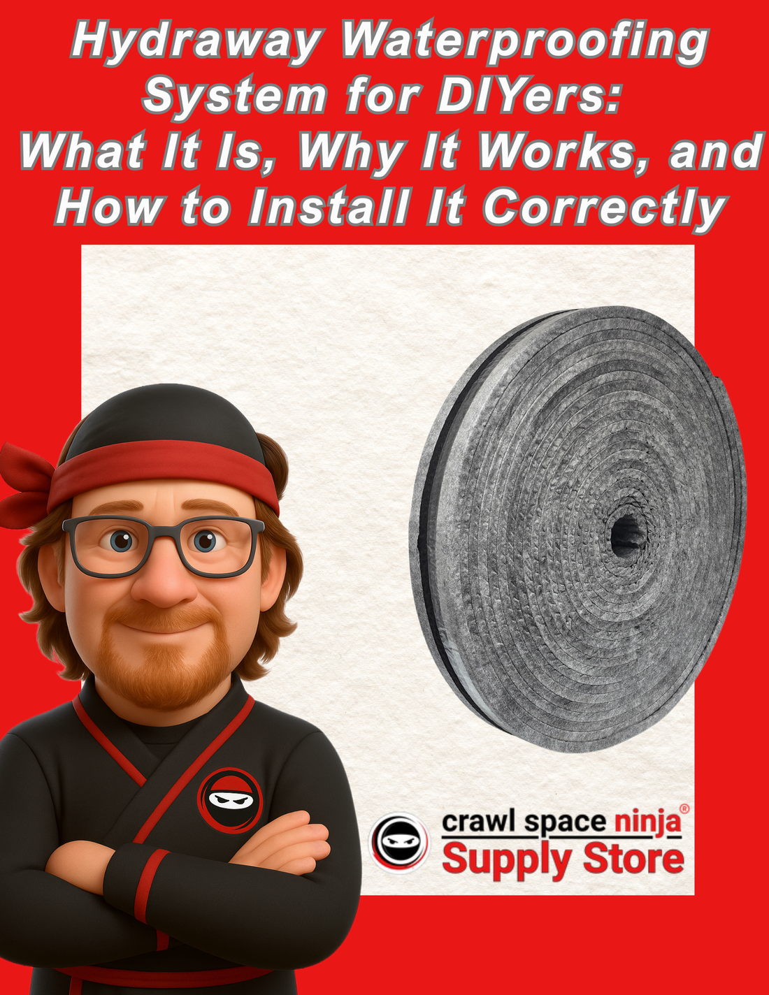 Poster for Hydraway Waterproofing System for DIYers showing a Crawl Space Ninja character next to a Hydraway strip drain roll