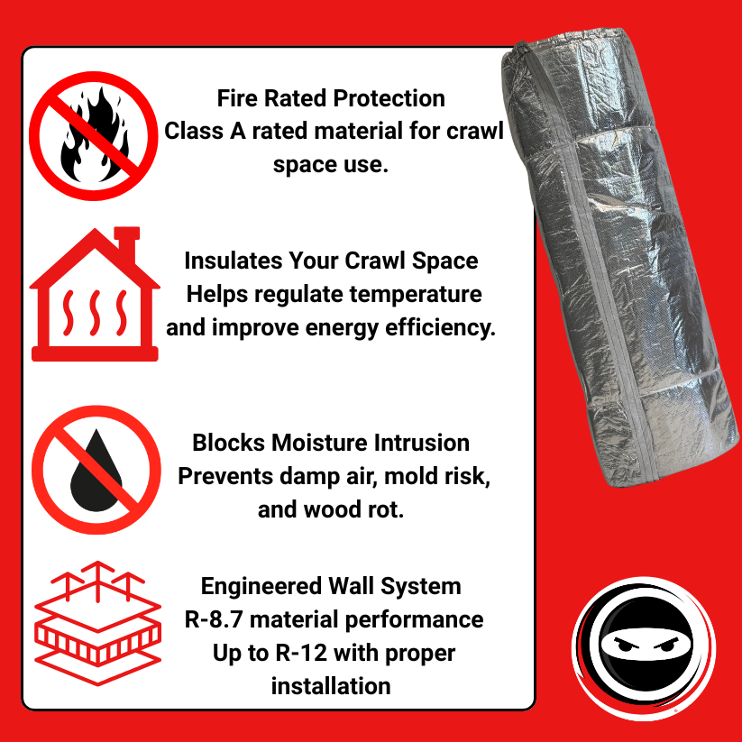 Crawl Space Ninja DualBarrier crawl space wall insulation and vapor barrier system, Class A fire rated, blocks moisture and humidity, R-8.7 to R-12 performance