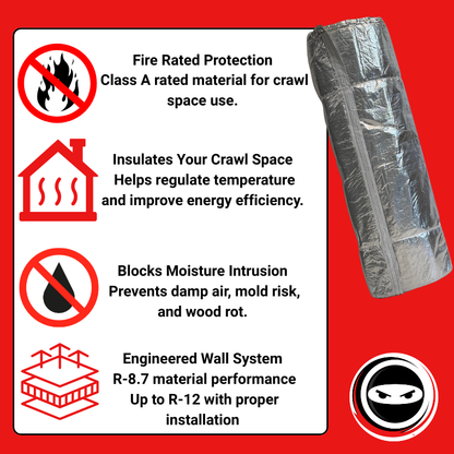 Crawl Space Ninja DualBarrier crawl space wall insulation and vapor barrier system, Class A fire rated, blocks moisture and humidity, R-8.7 to R-12 performance