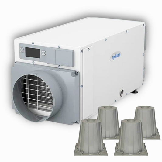 AprilAire E070 70-pint crawl space dehumidifier bundle with four AprilAire risers on a white background, available with 3-inch or 6-inch riser options from Crawl Space Ninja Supply.