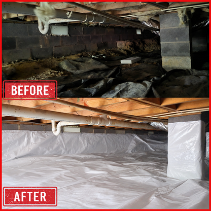 Before and after crawl space encapsulation showing an exposed soil floor transformed with a sealed vapor barrier and covered foundation pier