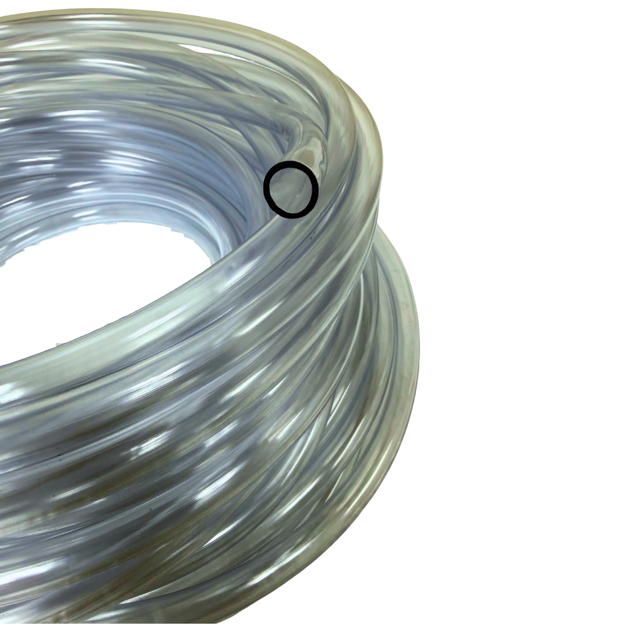 Detail view of clear 3/8-inch vinyl drain hose used for dehumidifier or condensate pump drainage