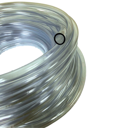 Detail view of clear 3/8-inch vinyl drain hose used for dehumidifier or condensate pump drainage