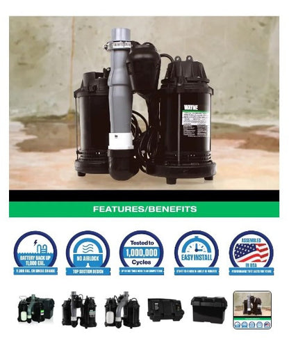 Wayne 1/2 HP Combo Battery Backup System, Vertical Float Switch, Coated Steel & Cast Iron