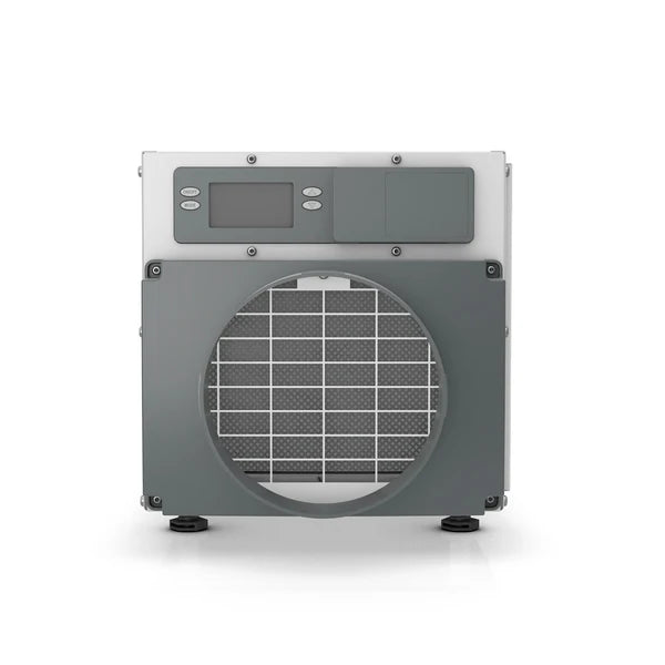 Front view of the AprilAire E070 70-pint crawl space dehumidifier, featuring its circular air intake grille, digital humidity control panel, and adjustable support feet, on a white background.