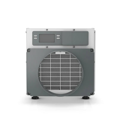 Front view of the AprilAire E070 70-pint crawl space dehumidifier, featuring its circular air intake grille, digital humidity control panel, and adjustable support feet, on a white background.