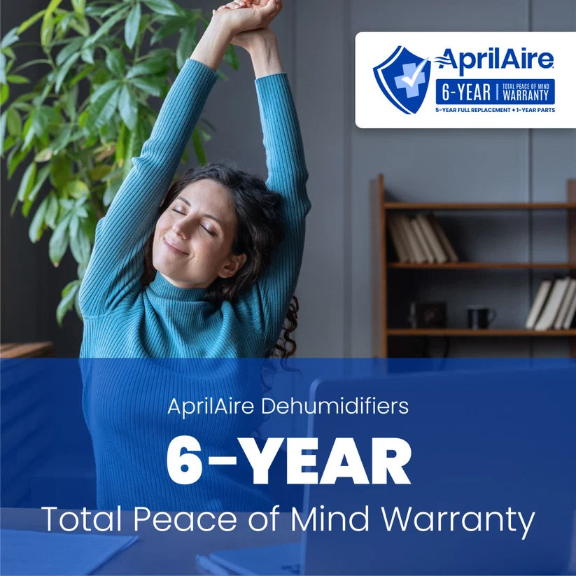 Aprilaire dehumidifier 6-year warranty providing long-term peace of mind for crawl space dehumidifiers, available from Crawl Space Ninja Supply.