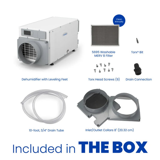 Crawl Space Ninja Aprilaire E070 crawl space dehumidifier with included MERV 8 filter, 10-foot drain hose, inlet and outlet collars, drain connection, Torx bit, and installation hardware.