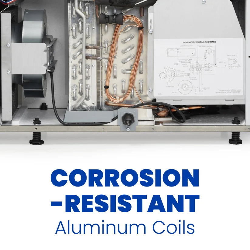 Corrosion-resistant aluminum coils inside the Aprilaire E070 dehumidifier for encapsulated crawl spaces, sold by Crawl Space Ninja Supply.