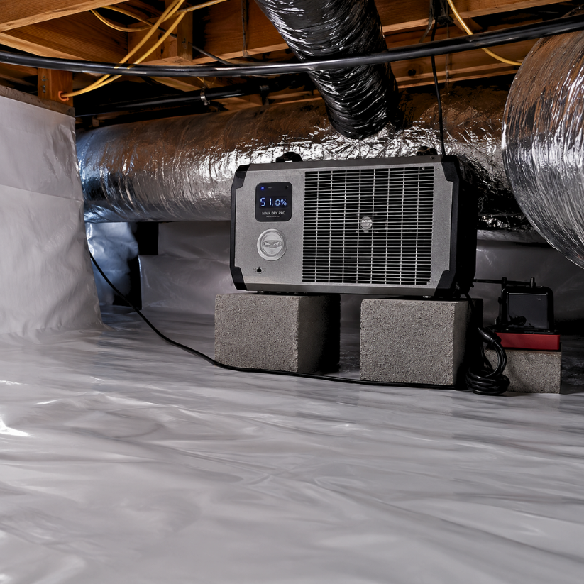 Crawl Space Ninja Dry Pro 70 70-pint crawl space dehumidifier installed in encapsulated crawl space