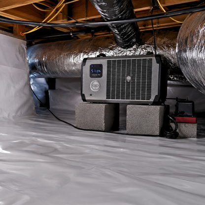 Crawl Space Ninja Dry Pro 70 70-pint crawl space dehumidifier installed in encapsulated crawl space