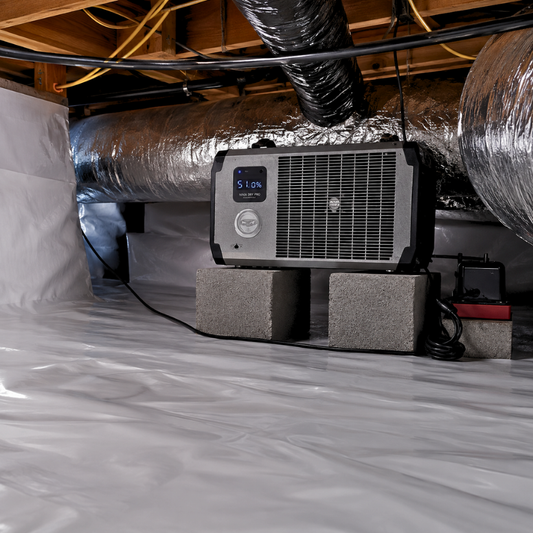 Crawl Space Ninja Dry Pro 70 70-pint crawl space dehumidifier installed in encapsulated crawl space
