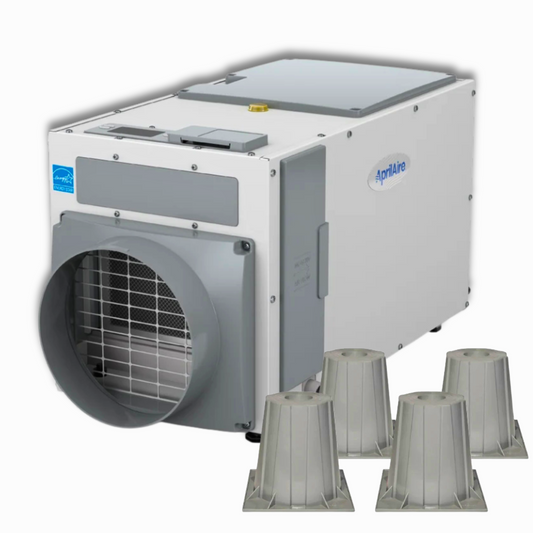 AprilAire E080 80-pint crawl space dehumidifier bundle with four AprilAire risers, featuring the dehumidifier's front air intake and housing, on a white background. crawl space ninja supply