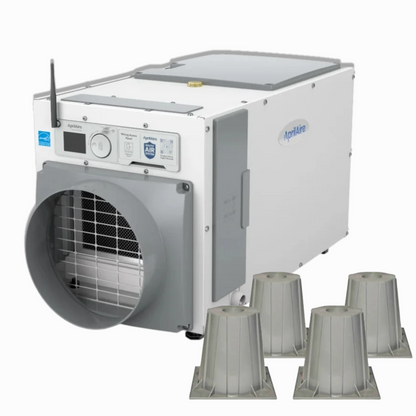 AprilAire E100W 100-pint Wi-Fi crawl space dehumidifier bundle with four AprilAire risers, featuring the Wi-Fi antenna, digital humidity controls, and front air intake grille on a white background. crawl space ninja supply