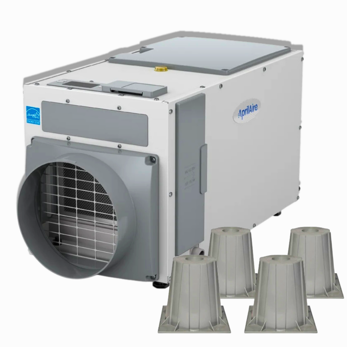 AprilAire E100 100-pint crawl space dehumidifier bundle with four AprilAire risers, featuring the front air intake grille and durable white housing on a white background. crawl space ninja supply