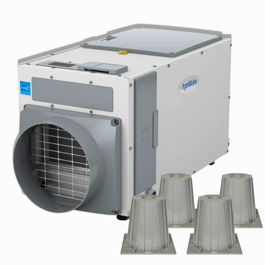 AprilAire E100 100-pint crawl space dehumidifier bundle with four AprilAire risers, featuring the front air intake grille and durable white housing on a white background. crawl space ninja supply