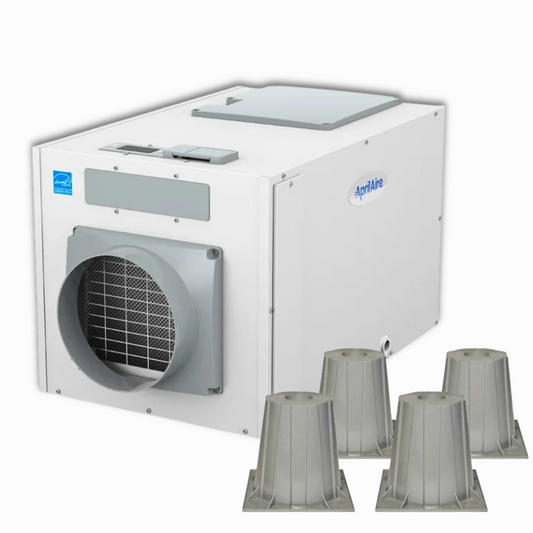 AprilAire E130 130-pint crawl space dehumidifier bundle with four 6-inch AprilAire risers, featuring the front air intake grille and white housing on a white background. crawl space ninja supply